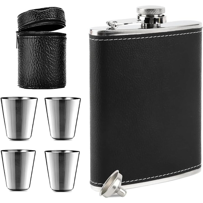 Фляга туристична 8oz з нержавіючої сталі, фляга з воронкою та 4 маленькими чашками, для алкоголю, похідна фляга для пікніків та вечірок (чорна)