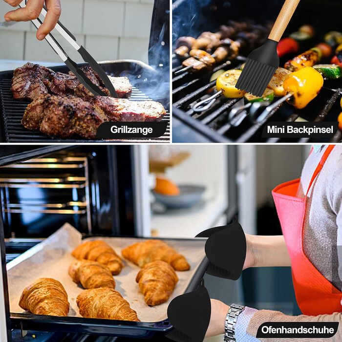 Набір кухонних аксесуарів Homikit 15 предметів з чорного силікону та дерев'яними ручками. Кухонний аксесуар, стійкий до високих температур, легко миється. З підставкою для аксесуарів.