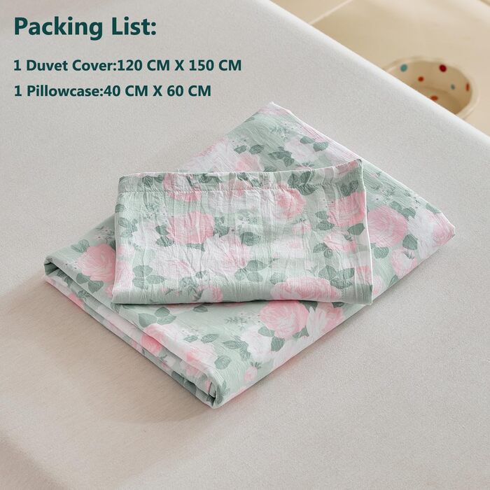 Комплект постільної білизни для дитячого ліжечка, зелений квітковий принт, 120x150 см. М'який двосторонній комплект з ковдрою та подушкою для дівчинки