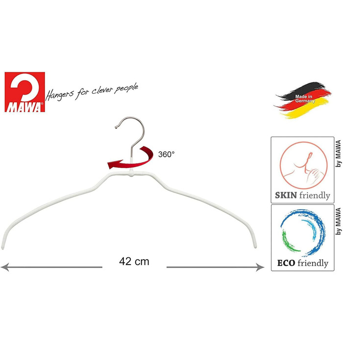MAWA Clothes Hangers Light, Set of 20 space-saving (50%) and non-slip hangers, ideal for shirts and blouses, with a 360° rotatable hook and non-slip coating, 42 cm, White