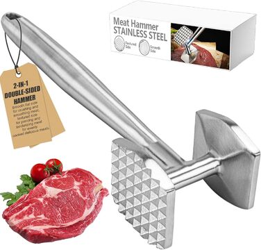 АКОЛАФЕ Fleischklopfer: М'ясорубка для відбивання м'яса з нержавіючої сталі, 26 см, подвійна сторона, для стейків, курки, свинини, реберець, антипригарне покриття, з отвором для підвішування, придатна для миття в посудомийній машині