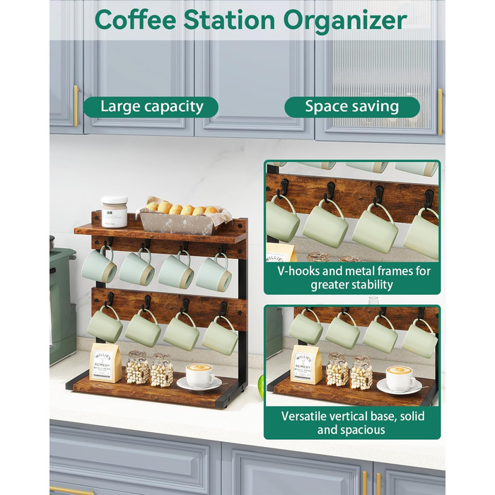 Vintage Mug Holder with 8 Hooks, Coffee Cup Holder for Kitchen Countertop, Cup Stand with Storage Bottom, for Kitchen Dining Room Cafe 40 x 15 x 40 cm, Vintage Brown TBJ002H