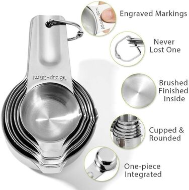 Set of 7 Measuring Cups with 1/8 Cup Coffee Scoop, Stainless Steel Metal Measuring Cups, 7-Piece Stackable Set with Spout - Accurate Measurement