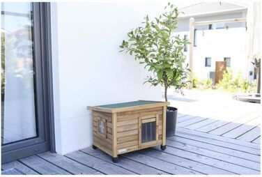 Дім для котів Kerbl Rustica з дерева, маятникова двері з ламелями, вікна з плексигласу, регульовані пластикові ніжки, коричневий/зелений, 57 x 45 x 43 см