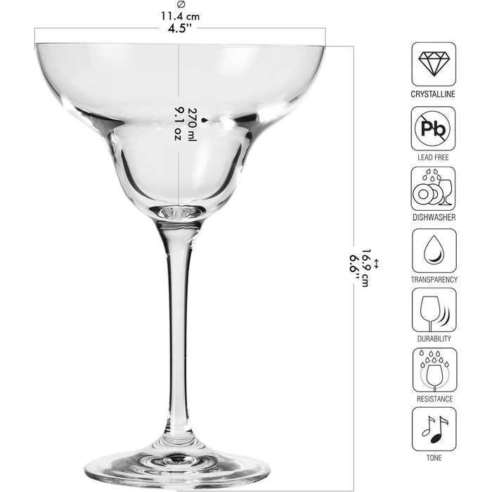 Krosno Margarita Glasses | Set of 6 | 270 ML | MIXOLOGY Collection | Perfect for Home, Restaurants, and Parties | Dishwasher Safe