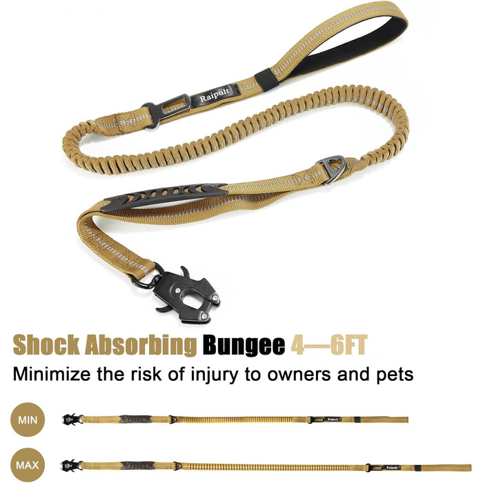 Міцна тактична повід для собак Raipult Bungee, 1,2-1,8 м, без ривка, з карабіном швидкого закриття, світловідбиваюча, амортизуюча, з кріпленням для автомобіля, Coyote Brown-Khaki L