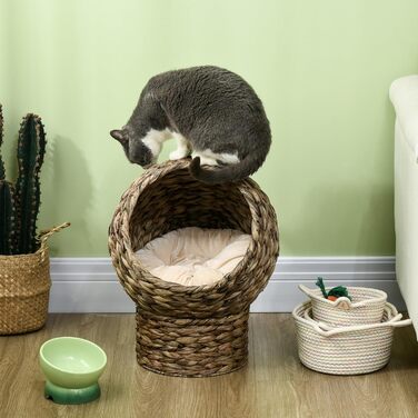 PawHut Rattan Cat Basket Cat Cave Cat House Cat Bed with Cushion Pet Bed Water Hyacinth 42 x 33 x 52 cm (42L x 33W x 52H cm, Coffee)