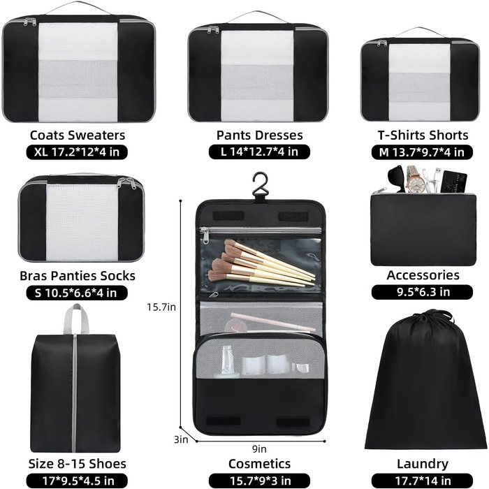 Набір органайзерів для подорожей BAGAIL (10 шт.) – Matcha Green. Організатори для валіз, ручної поклажі.