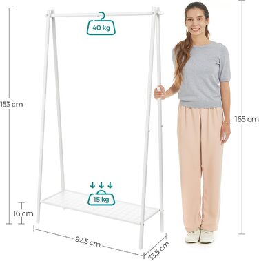 SONGMICS Clothes Rack, Coat Rack, Wardrobe, Clothes Storage, Steel Frame, with Rail and Shelf, 33.5 x 92.5 x 153 cm, for Bedroom, Wardrobe, Laundry Room, White HSR023W01