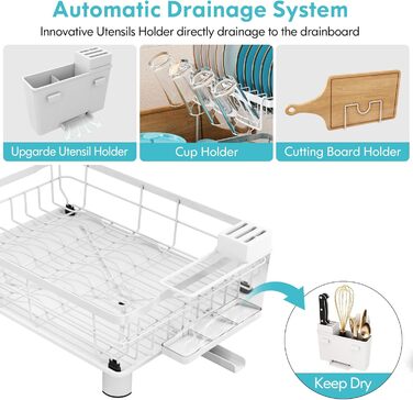 Сушарка для посуду MAJALiS 2-ярусна з піддоном та килимком, з тримачем для кухонного приладдя, чорна, нержавіюча сталь