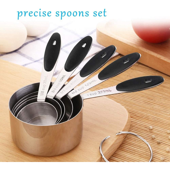 Stainless steel measuring cups and spoons, 10-piece set with storage rings, nesting teaspoons for measuring dry and liquid ingredients. Spoons
