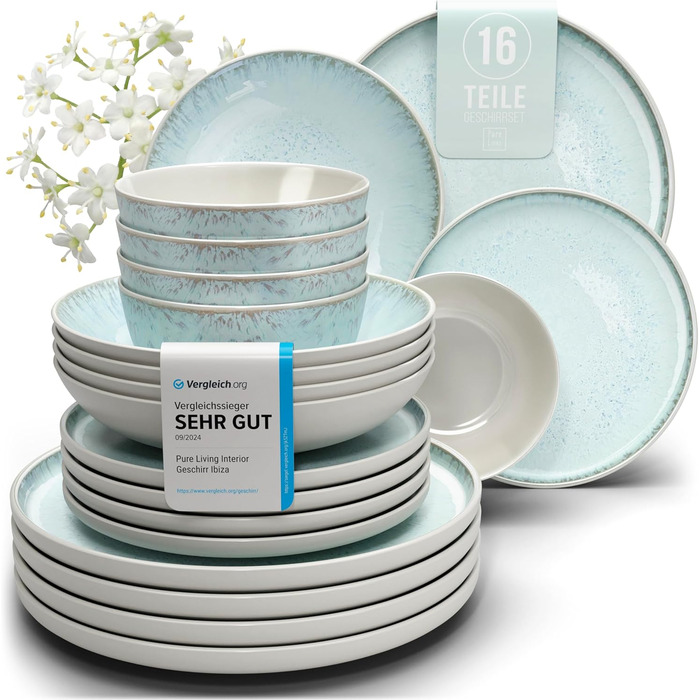 Набір посуду Steingut Ibiza 16 предметів для 4 осіб (синьо-бежевий) - Pure Living, TESTSIEGER