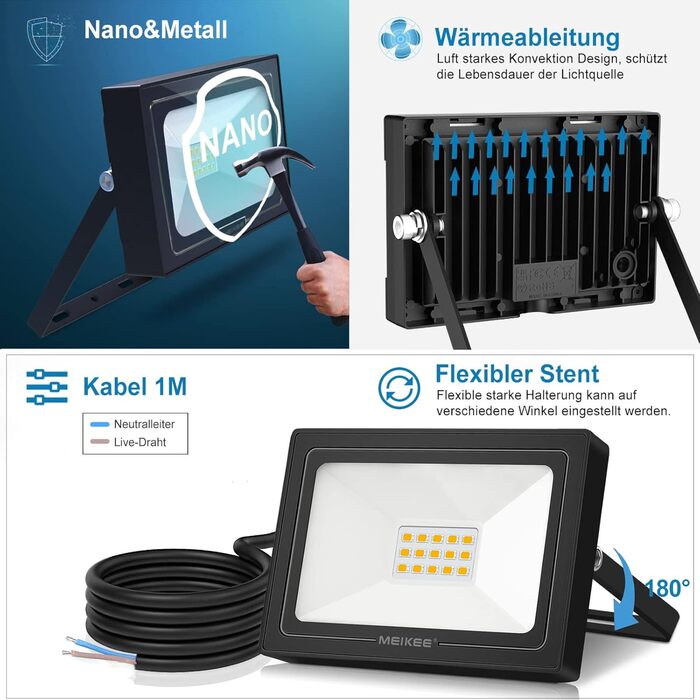 MEIKEE 60W LED Flood Light Outdoor 2700K Warm White 5200LM Super Bright LED Floodlight IP66 Waterproof Spotlight for Garden, Backyard, Driveway, Doors, Garage, Hallway 2 Pieces (15.0 Watt)