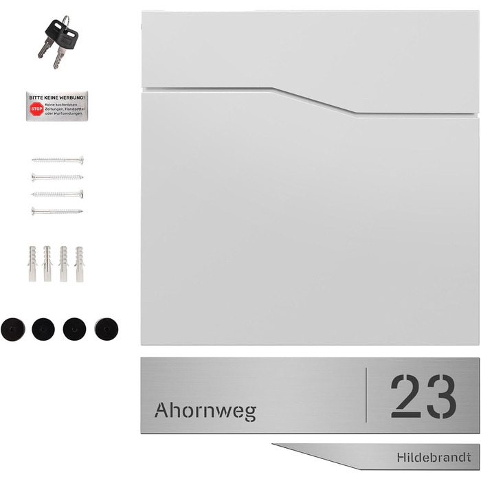 Поштовий ящик білий з газетницею TRELLEBORG, персоналізований, з цинкової сталі з іменем, вулицею та номером будинку + комплект для монтажу (RAL 9016)