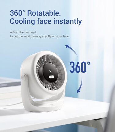 USB Turbo вентилятор для столу: тихий, потужний, з LED-дисплеєм, 5 швидкостей, 360° обертів, портативний для дому, офісу та відпочинку – TurboBreeze (сніжно-білий)