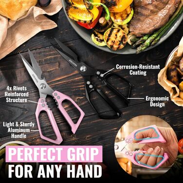 Кухонні ножиці 5-в-1 з пінцетом, титанове покриття, нержавіюча сталь, для кухні, птиці, риби, м'яса (чорний & рожевий)