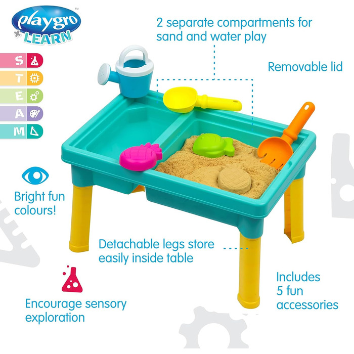 Playgro Sand and Water Table Outdoor Toy – Toddler Activity Table Sandbox Toy Sensory Table Summer Toy Beach Table 5-Piece Accessory Set for Baby Kids Girls Boys