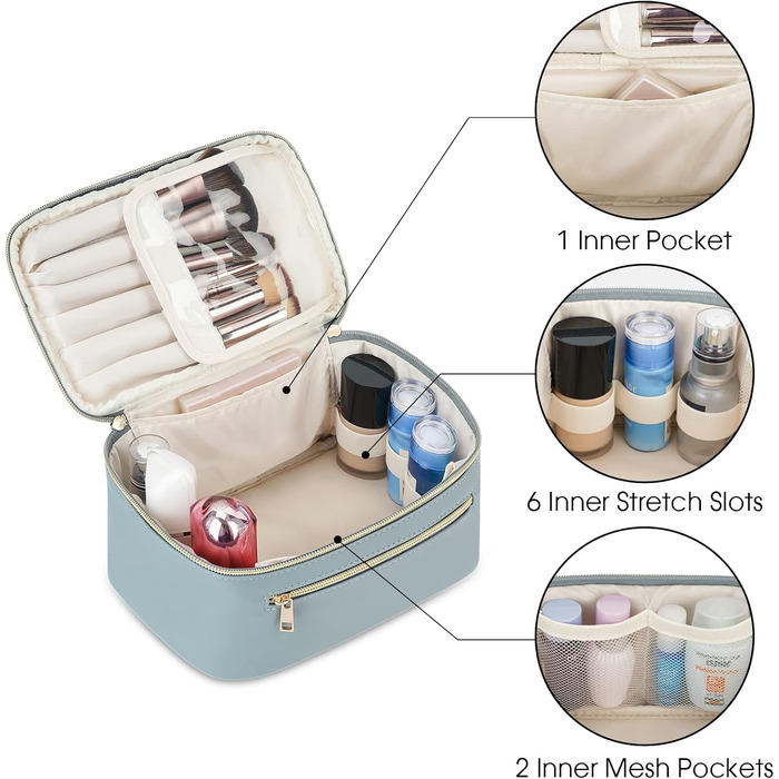 Косметичка для жінок, велика дорожня косметичка для макіяжу з відділенням для пензлів, органайзер, культурочка, з PU-шкіри, переносний мішечок для макіяжу, сіро-блакитний (патентний номер)