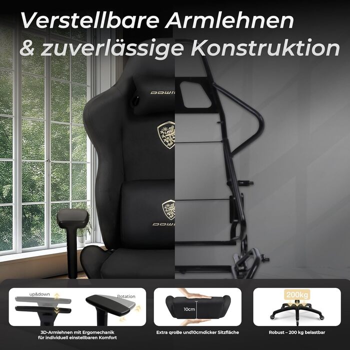 Ігровий крісло Dowinx з мікрофібри: дихаючий, ергономічний, з підніжкою, чорний