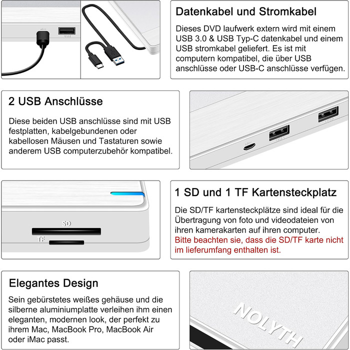 Зовнішній DVD-накопичувач для ноутбука Ultra Slim: портативний CD/DVD привід USB з картридером SD/TF для Mac, MacBook, Windows