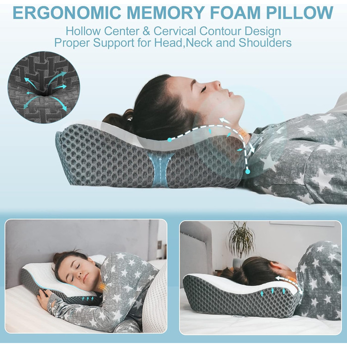 Elviros Orthopedic Pillow, Memory Foam Ergonomic Neck Support Pillow, Neck Pillow Head Pillow Neck Pain, Side Sleeper Pillow Stomach Sleeper Pillow, with Cover, Dark Grey