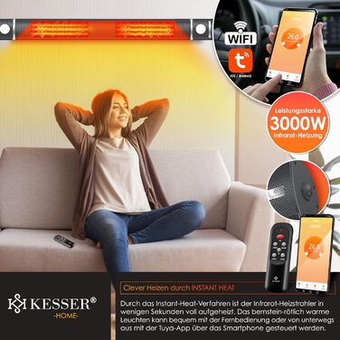 Інфрачервовий обігрівач KESSER® 3000W з LED-підсвічуванням та Wi-Fi, для тераси, кафе, ресторану. Настінний кварцовий обігрівач, антрацит