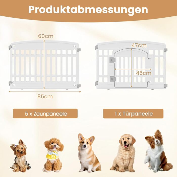 Клітка для цуценят GYMAX 60/75 см, 6 панелей, з замком та кріпленням для підлоги, для дому та вулиці, біла