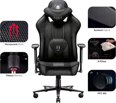 Ігрове крісло Diablo X-Player 2.0 King XL, тканинне, ергономічне, чорне, 3D підлокітники, подушки для шиї та попереку, вага до 160 кг, офісне крісло для геймерів