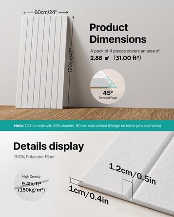 Акустичні панелі Soundsbay самоклеючі для звукоізоляції та декору стін, 120×60×0.9 см, білі (4 шт, 2.16 м²)