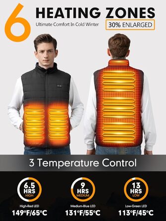 Обогріваючий жилет з підігрівом для жінок та чоловіків, жилетка з акумулятором 7.4V/5.0V, 3 режими температури, 6 зон нагріву, зимовий жилет-куртка, чорний, 25000mAh