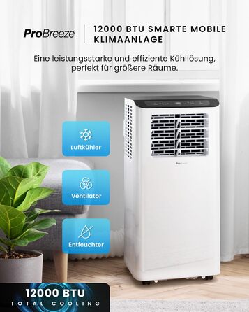 Мобільний кондиціонер Pro Breeze™ 4-в-1: охолоджувач, вентилятор, осушувач повітря, нічний режим, клас енергоефективності A, комплект ущільнювача для вікна, пульт дистанційного керування та таймер 24 години, білий (12000 BTU, Smart App)