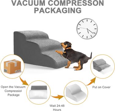 Dog stairs for small dogs, 3 steps pet stairs, cat stairs, sponge dog ramp for sofa bed, dog steps with removable cover, washable pet ladder, lint roller included, grey