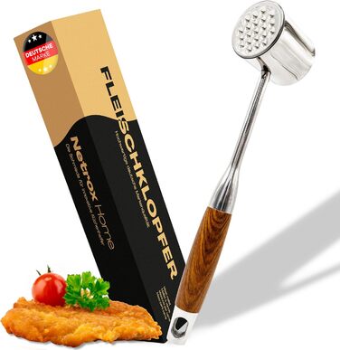 Нітрокс Fleischklopfer з нержавіючої сталі з дерев'яною ручкою - преміум-якість, для приготування шніцелів, миття в посудомийній машині, безпечний для продуктів харчування - молоток для м'яса, ніжний м'ясорубка, молоток для м'яса з нержавіючої сталі, прис