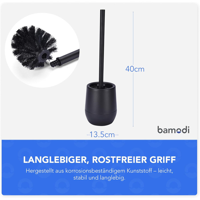 Щітка для унітазу Bamodi з підставкою - чорна, з жорсткою щетиною та довгою ручкою для ретельної та легкої очистки, ідеальна для ванної кімнати та гостьового туалету.