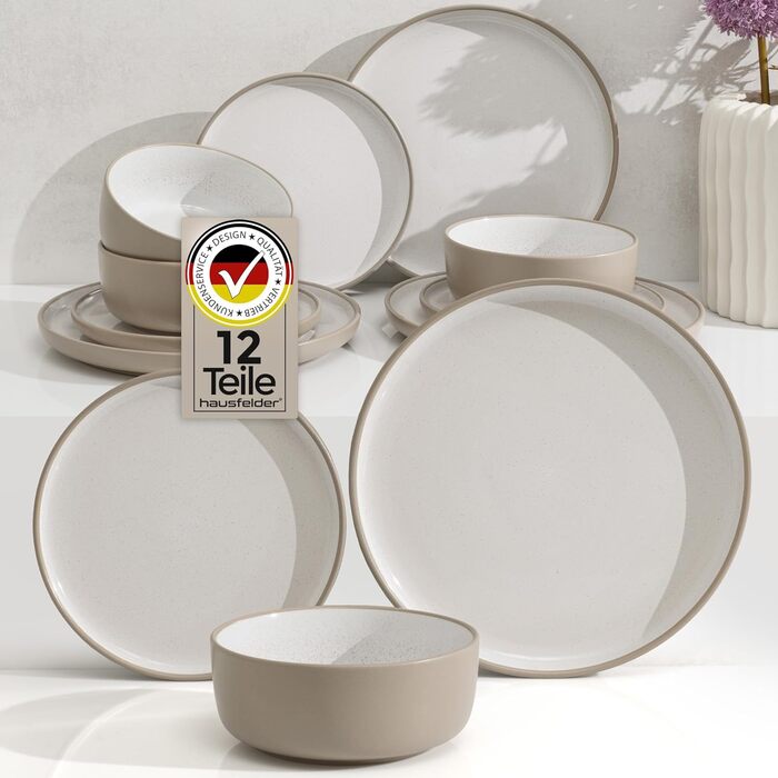 Набір посуду Hausfelder на 8 осіб (32 деталі) з кераміки – сервіз з тарілок, салатників та чашок – миється в посудомийній машині, сучасний дизайн (Nordic Sand, 12-місний)