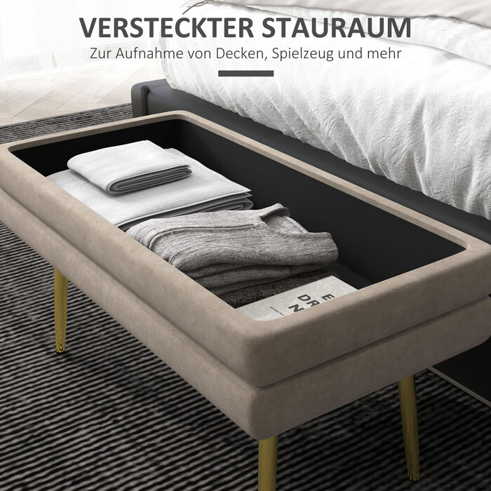 HOMCOM Bench, Upholstered Bench with Storage, Velvet-Look, Bed Bench with Steel Legs, Shoe Bench, Storage Bench for Living Room, Bedroom, Beige, 79.5 x 37.5 x 43 cm | Aosom