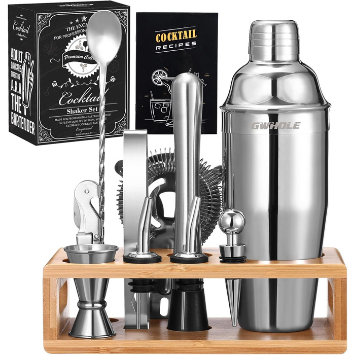 Набір для приготування коктейлів GWHOLE: шейкер, барний аксесуар, рецепти, стійка. Ідеальний подарунок для дому та вечірок
