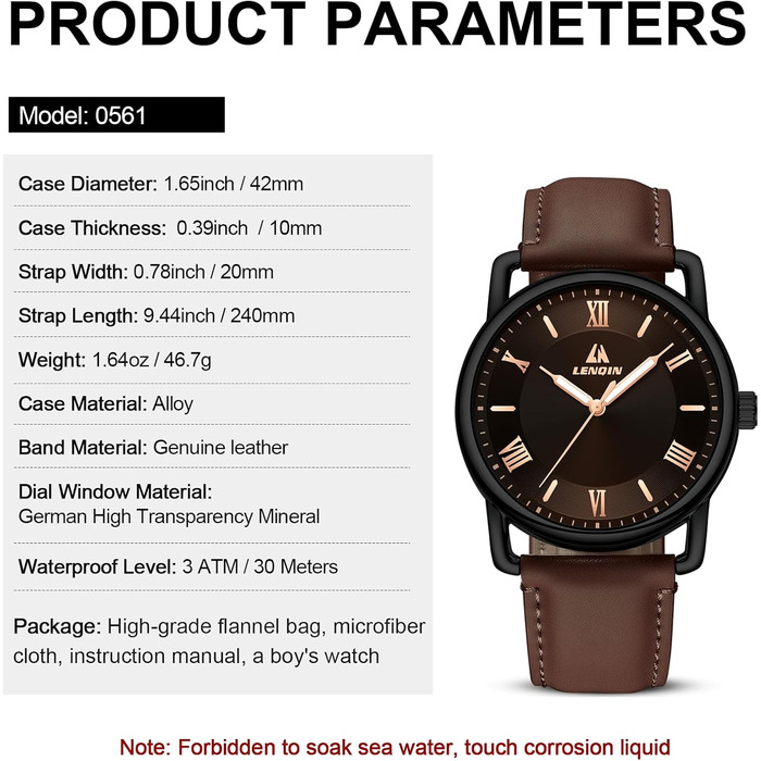 Чоловічий годинник LN LENQIN: аналоговий кварцовий годинник для чоловіків, водостійкий (30м), шкіряний ремінець, чорний/коричневий, бізнес-стиль