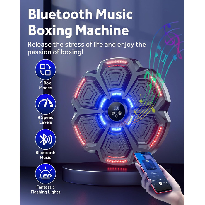 Music Boxing Machine for Adults & Kids - LED Light Electronic Punching Bag with Bluetooth Speaker & 9 Speed Modes