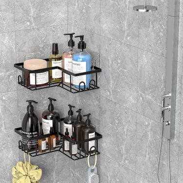 Набір кутових поличок для душу без свердління, водонепроникні, з нержавіючої сталі (3+2 шт, чорний)