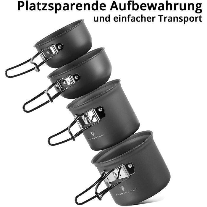 Набір посуду для кемпінгу STAHLWERK 4-х частинний з алюмінію з антипригарним покриттям, Outdoor посуд, набір каструль та кришок