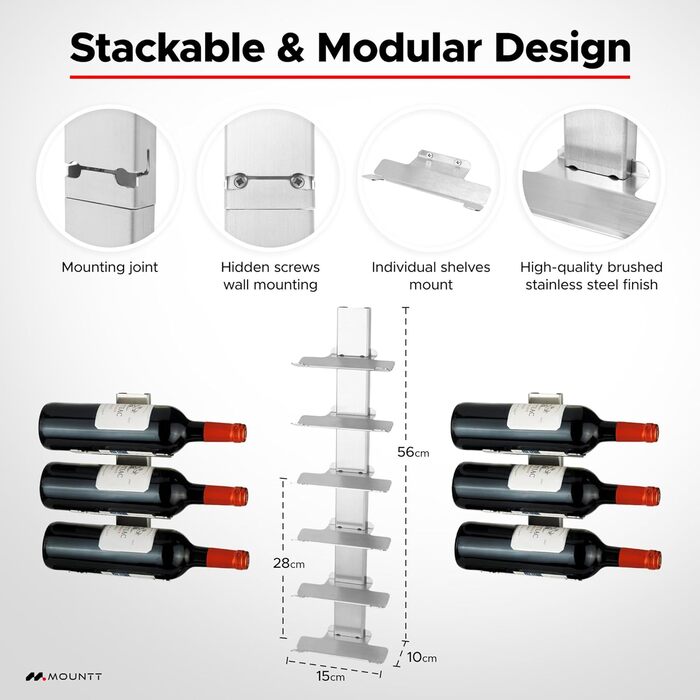 Настінна полиця для вина з нержавіючої сталі на 6 пляшок – стильна підвісна полиця для кухні та бару