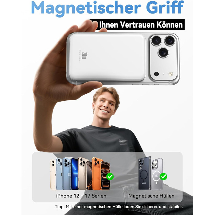 Power Bank MagSafe 10000mAh Білий: Бездротовий магнітний зарядний пристрій для iPhone 15/14/13/12 Pro Max з USB-C, 20W PD швидка зарядка