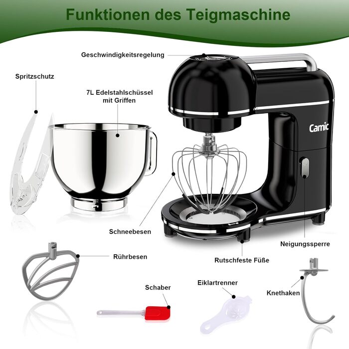 Кухонний комбайн-міксер Camic 2000W, чаша зі сталі 7л, 10 швидкостей, з набором насадок (гак, вінчик) та захистом від бризок, чорний