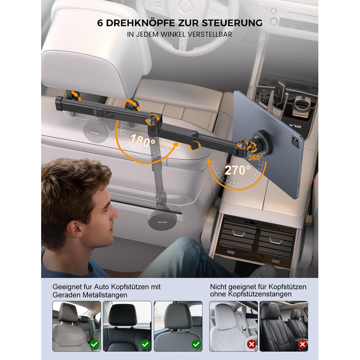 Автотримач для планшета OHLPRO: магнітний, регульований (48см), універсальний для iPad, смартфонів, Switch. З металевими кільцями