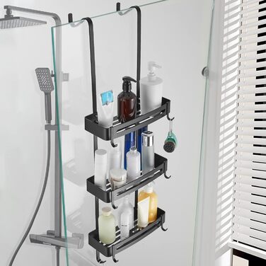 Двоярусна полиця для душу MOGFCT з гачками, з нержавіючої сталі, для ванної кімнати, чорна
