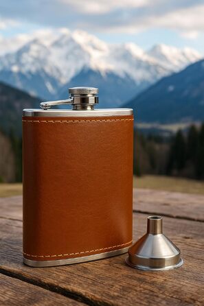 Фляга для алкоголю OUTDOORSAXX з нержавіючої сталі 240 мл в шкіряному чохлі з лійкою, коричнева