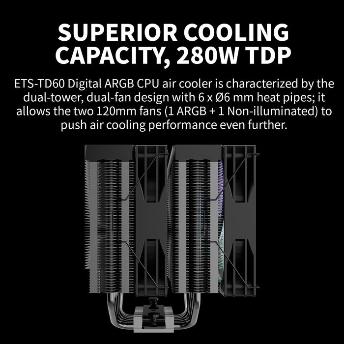 Кулер для CPU ENERMAX ETS-TD60D-ARGB: 2x 120mm вентилятор, гідравлічний підшипник, 4x Heatpipe, підтримка AMD AM5/AM4 та Intel LGA1851/1700/115x