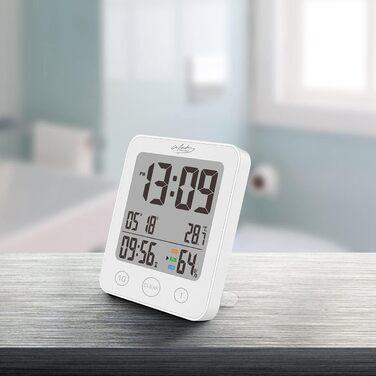 infactory Bathroom Radio Clock: Digital Bathroom Radio Wall Clock with Thermometer, Aluminum, Suction Cups, IP24 (Bathroom Radio Clock Digital, Clock, Gift Ideas) (1 piece, square)