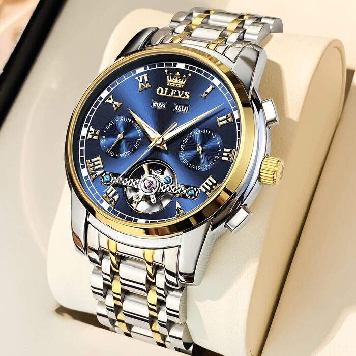 Годинник чоловічий OLEVS Automatik Gold чорний з турбійоном, календарем, водонепроникний, світловий, двоколірний, чоловічий, синій/золотий